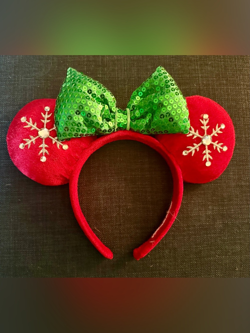 Disney Red & Green Sequin Bow Rhinestones Holiday Minnie Ears Headband
